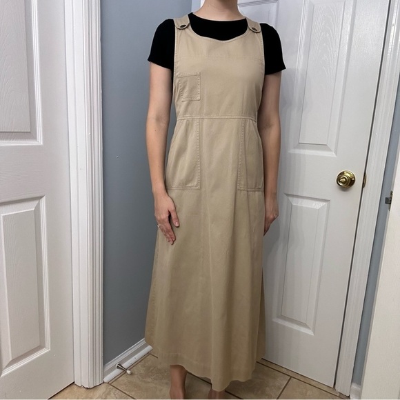 Vintage Dress Midi Modest Pinafore Khaki Work Minimalist Cotton Size Small - Picture 1 of 6